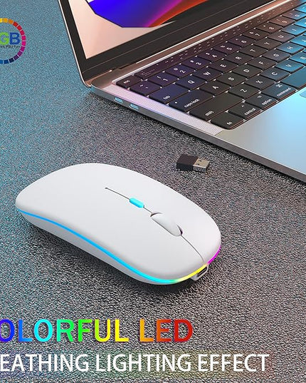 Wireless Bluetooth Mouse Rechargeable Laptop Mice with LED Use Portable(BT5.2 and USB 2.4G) Dual Mode Connection Silent Slim Computer Mouse for Laptop/iPad Tablet/Apple MacBook/PC(White)