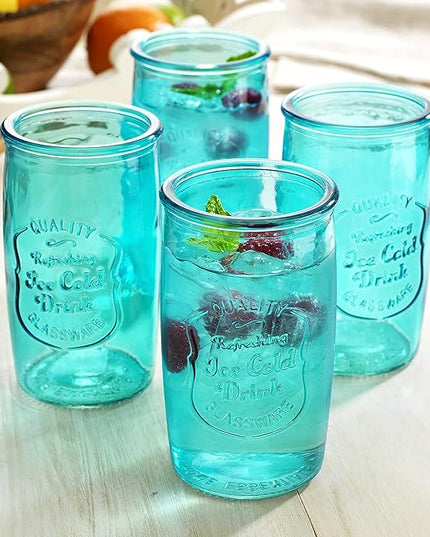 Glaver's Highball Glasses Set of 4 – 20oz Artistic Ice-Cold Pretty Blue – Vintage Glassware with Embossed Logo – Beverage Drinking Glasses for Water, Juice, Cocktails. Hand Wash.