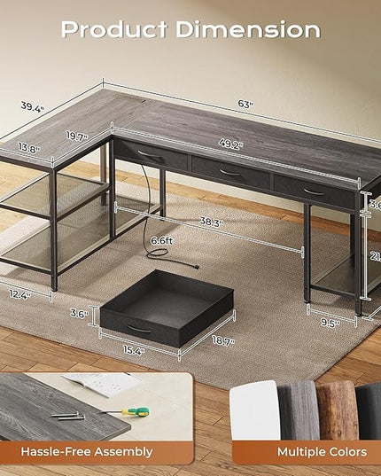 PRAISUN 63 Inch L Shaped Office Desk with Power Outlets and Type-C Port, Large Computer Gaming Desk with 3 Fabric Drawers, Mesh Shelves, Corner Study Work Writing Desk, Grey