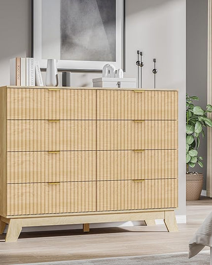 BORNOON Fluted 8 Drawer Tall Dresser, 47.2" Wide Modern Boho Chest of Drawers, Wooden Storage Dresser TV Stand for Bedroom, Living Room, Closet, Hallway, Curved Profile Design