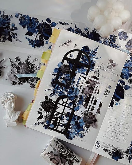 WT Cobalt Blue Wide PET Tape, Single Roll, Original Designs, Floral Decors, Transparent Clear Adhesive, Junk Journal Scrapbook Bujo Planner DIY Craft Supplies Gifts, Watercolor Flower