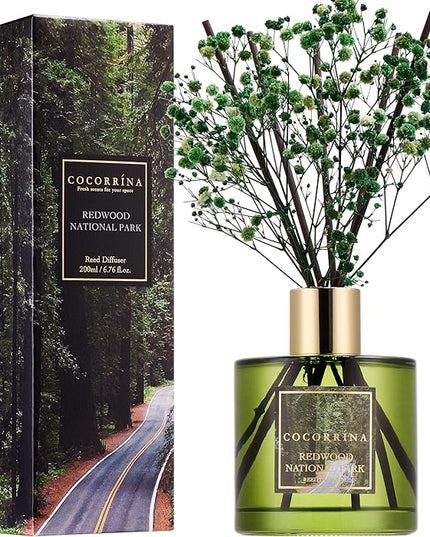 COCORRÍNA Reed Diffuser - Redwood National Park 6.7 Fl.oz Reed Diffuser Set with 8 Sticks & Preserved Baby's Breath, Reed Diffuser for Home Bathroom Shelf Decor