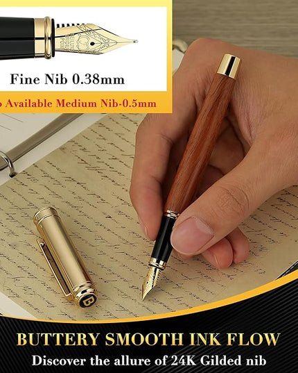 BEILUNER 316 Fountain Pen,Stunning Luxury Rosewood,24K Gilded Nib(Fine),Gorgeous 24K Gold Finish, Ink Converter,Nice Gift for Men&Women-Elegant,Executive,Christmas Pens for Writing