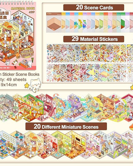 ASTARON 20 Sets DIY 3D Sticker Scene Book Sticker Therapy for Adults, Make Your Own Mini Cozy Shop House Room Stickers Cute Cartoon Miniature Stickers, Relief Stress Pass The Time