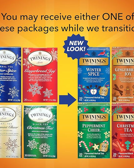 Twinings Holiday Variety Pack Tea Bags, Christmas Tea, Winter Spice, Gingerbread Joy, Peppermint Cheer, 20 Count (Pack of 4), Enjoy Hot or Iced, 80 Teabags