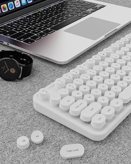 Wireless Keyboard and Mouse Combo, Ergonomic Full Size Typewriter Retro Round Keycaps Keyboard, Compatible with Windows, PC, Perfer for Home and Office Keyboards（White）