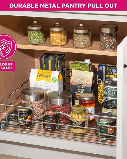 HOLDN’ STORAGE Heavy-Duty Premium Collection Pull Out Cabinet Organizer, Cabinet Drawer Slide Outs, Lifetime Limited Warranty - Basket Size 22" W x 21" D x 5" H, Anti-Rust Chrome Finish