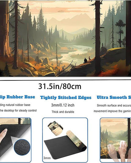 Desk Mat Gaming Desk Pad Valleys, Forest Mouse Pad XXL Extended Large Mouse and Keyboard Mat, Computer Desktop Mat with Non-Slip Base & Stitched Edges, Aesthetic Nature Desk Decor 31.5" x 15.7"