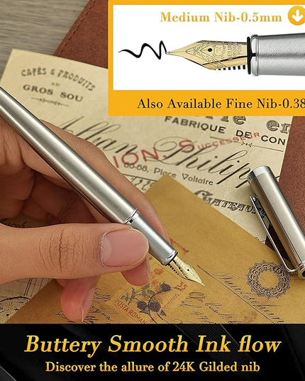 BEILUNER Luxury Fountain Pen Set, Solid 24K Gilded Medium Nib, Silver Stainless Steel Body- Includes 6 Ink Cartridges & Ink Refill Converter with Gift Case - Nice pen for Men and Women
