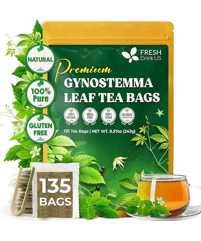 FreshDrinkUS, Premium Gynostemma Tea Bags (Jiaogulan) | 135 Count | Naturally Smooth & Earthy Caffeine-Free Herbal Tea – Plant-Based Tea Bags for Daily Enjoyment. Caffeine Free, Sugar Free. Vegan