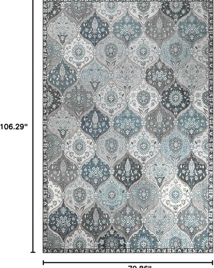 Lahome Moroccan Washable Area Rug 6x9, Ultra-Thin Large Living Room Rugs for Bedroom, Oriental Trellis Distressed Non Shedding Throw Carpet for Dining Room Office, Blue