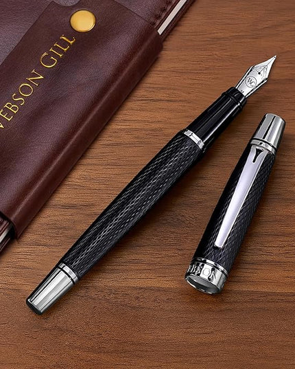 Webson Gill Show Up' Black Luxury Executive Fountain Pen, Woven Lacquer & Chrome, Medium Nib, Smudge Free, No Bleed, Use Any Fountain Ink with Included Converter, Fits Cartridges (sold separately)
