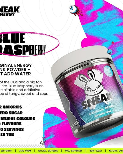 SNEAK Energy Drink Powder | Blue Raspberry | No Sugar. No Nasties. Just Natural Caffeine, Focus-Boosting Nootropics | 40 Servings