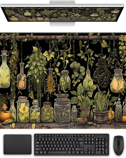 Desk Mat Green Plants Mouse Pad Gaming Mat Dark Keyboard Mat, Long Mouse Mat XXL Extended Desktop Mat Magical Bottles Computer Mats with Stitched Edges, Office Desk Accessory 31.5" x 15.7"