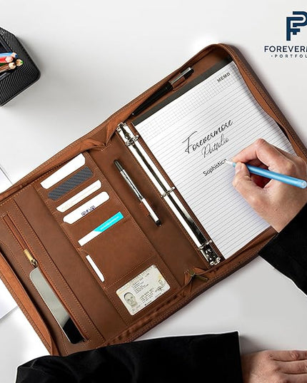 Forevermore Portfolios Padfolio Binder - Professional Faux Leather Travel Organizer Pouch for Tablet, Documents, Presentation Folders, Zipper Closure, Removable 3-Ring Notepad - Brown