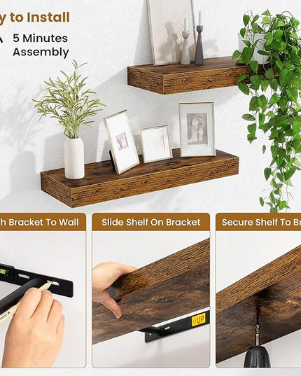 Fun Memories Floating Shelves Bathroom for Wall Mounted Shelves, 20 Inch Wood Shelf Set of 2, Home Storage & Display Decor, Rustic Brown