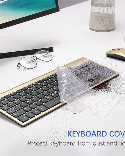 Wireless Keyboard and Mouse Ultra Slim Combo, TopMate 2.4G Silent Compact USB 2400DPI Mouse and Scissor Switch Keyboard Set with Cover, Batteries Included, for PC/Laptop/Windows/Mac - Gold Black