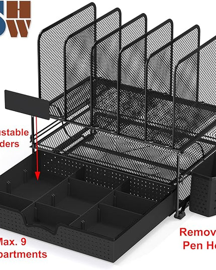 SIMPLE HOUSEWARE Mesh Desk Organizer with Sliding Drawer, Double Tray and 5 Upright Sections, Black