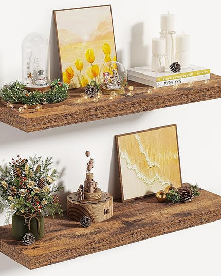 Vivelove 10 Inch Deep Floating Shelves 24 inch Long, 24 x 10 Wide Wall Shelves with Invisible Brackets, for Bedroom Bathroom Living Room Kitchen Office, Farmhouse Home Decor, Set of 2, Rustic Brown