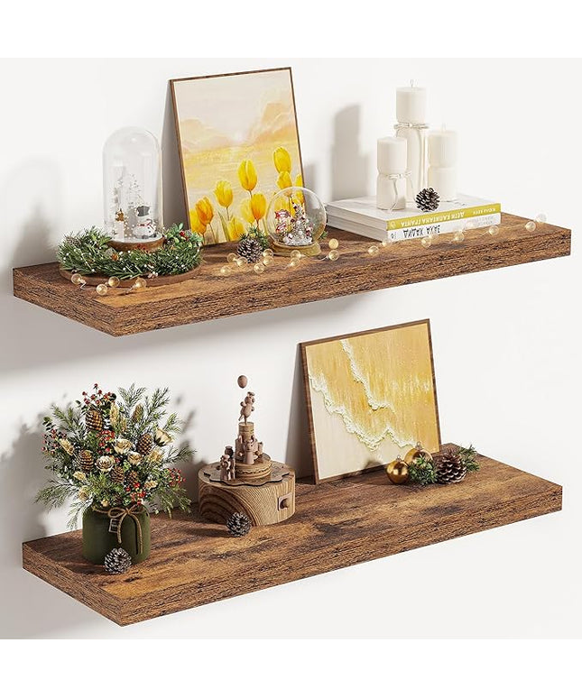 Vivelove 10 Inch Deep Floating Shelves 24 inch Long, 24 x 10 Wide Wall Shelves with Invisible Brackets, for Bedroom Bathroom Living Room Kitchen Office, Farmhouse Home Decor, Set of 2, Rustic Brown