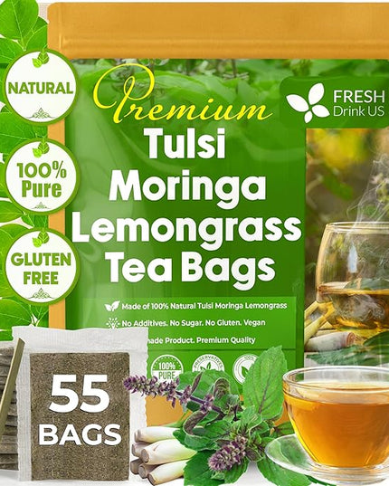 FreshDrinkUS, Premium 55 Tea Bags Tulsi Moringa Lemongrass, 100% Natural & Pure from Tulsi Holy Basil Leaves, Moringa & Lemongrass. Made with Natural Material Tea Bags. No Sugar, No Caffeine, Vegan.