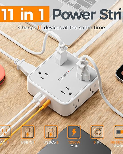 TESSAN 10 Ft Surge Protector Power Strip, 3 USB(1 USB C) 8 Outlets, Flat Plug Extension Cord with Multiple Outlets, 900J Protection, Desk Charging Station for Home, Dorm Room Essentials, Grey