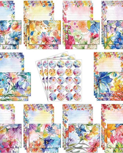 TaoBary 160 Pcs Stationery Paper Set 50 Double Sided Stationery Papers with 50 Matching Envelopes and 60 Round Dot Sticker, 10 Design(Bright Floral,5.5 x 8.25 Inch)