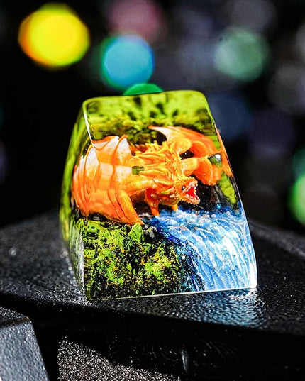 Orange Dragon with Waterfall Artisan Keycap R1 SA Profile Custom Fantasy Dragons Keycaps 1U ESC Handmade Gaming Resin Key cap Cherry MX Switch Compatible Mechanical Keyboard Gift for Dragon Lover
