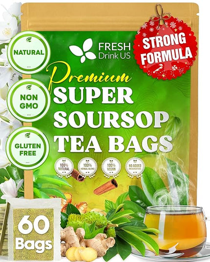 FreshDrinkUS, Super Soursop Herbal Tea – 60 Tea Bags | Soursop, Ginger, Turmeric, Lemongrass, Cinnamon, Black Pepper & Peppermint | Caffeine-Free, Natural Flavor, Plant-Based Blend | Sugar-Free