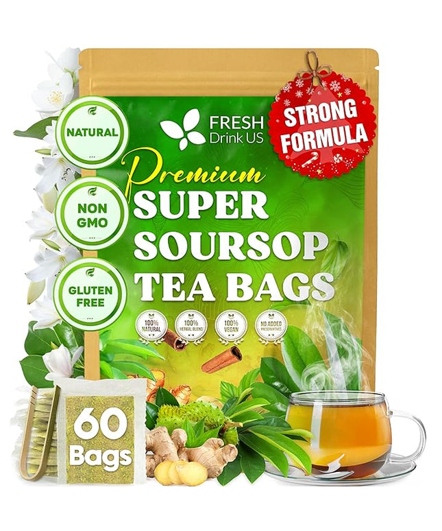 FreshDrinkUS, Super Soursop Herbal Tea – 60 Tea Bags | Soursop, Ginger, Turmeric, Lemongrass, Cinnamon, Black Pepper & Peppermint | Caffeine-Free, Natural Flavor, Plant-Based Blend | Sugar-Free