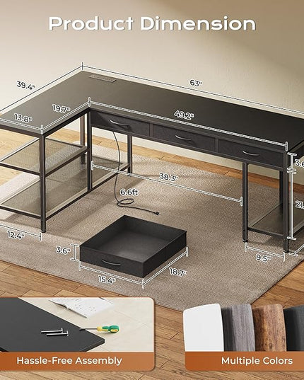 PRAISUN 63 Inch L Shaped Office Desk with Power Outlets and Type-C Port, Large Computer Gaming Desk with 3 Fabric Drawers, Mesh Shelves, Corner Study Work Writing Desk, Black