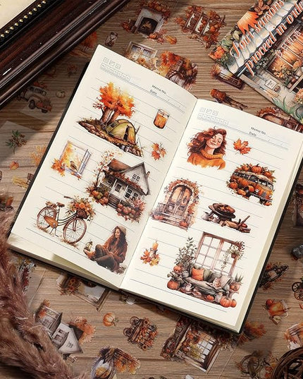 Auguro PET 20 Sheets 120 Pre-Cut Fall Stickers for Scrapbooking Landscape People Scrapbook Sticker Transparent Stickers for journaling
