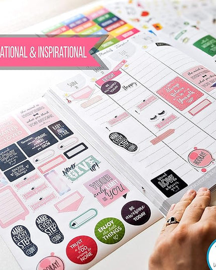 Vladi Creative Planner Stickers - 1054 Pieces, 15 Sheets, Decorative & Productivity-Boosting Colorful Stickers for Journals, Calendars, Scrapbooking, Time Management, & DIY Planner Decoration