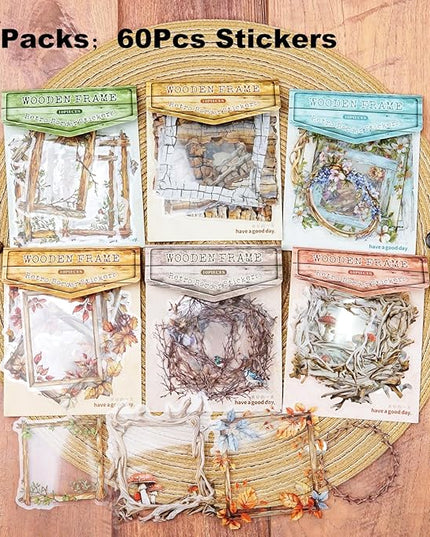 AuriicLeaf Vintage Wooden Frame PET Sticker Set, 60PCS Retro Aesthetic Scrapbook Stickers for Journaling, DIY Crafts, and Decorative Art Supplies
