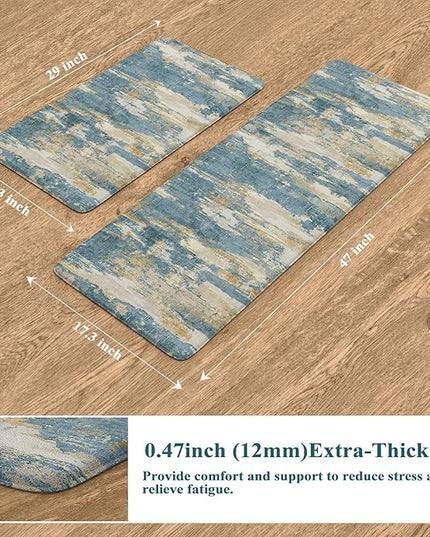 Collive Kitchen Mats for Floor 2 Piece, Abstract Cushioned Anti Fatigue Rugs Non Slip Waterproof Kitchens Sink Mat, Blue Modern Standing Mat for Bar, Office, Desk, Home Decor, 17"x29"+17"x47"