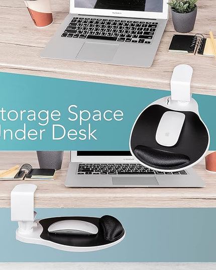 EHO Clamp on Mouse Platform, Clip on Pad Rotating 360 Degree, w/Comfortable Gel Wrist Rest, Ergonomic, Attachment, Slide Out Tray, Suitable for 1.5" Thickness Desk, for Home Office Desk Organizer