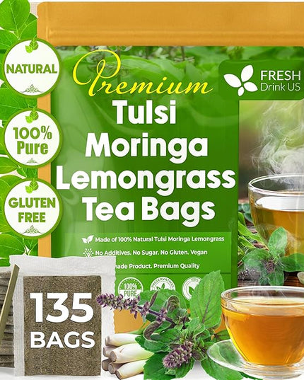 FreshDrinkUS, Premium 135 Tea Bags Tulsi Moringa Lemongrass, 100% Natural & Pure from Tulsi Holy Basil Leaves, Moringa & Lemongrass. Made with Natural Material Tea Bags. No Sugar, No Caffeine, Vegan.