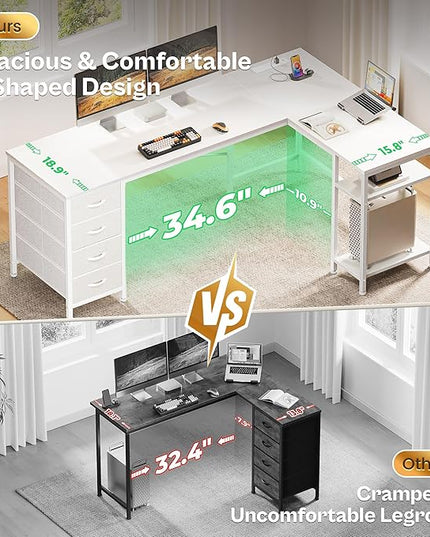Huuger 63 Inch L Shaped Desk with Fabric Drawers, Reversible Computer Gaming Desk with Power Outlets and USB-C Port, Adjustable Side Storage Shelves, for Work Study Corner Home Office, White