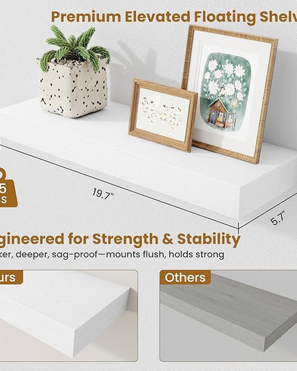 Fun Memories Floating Shelves Bathroom for Wall Mounted Shelves, 20 Inch Wood Shelf Set of 2, Home Storage & Display Decor, White