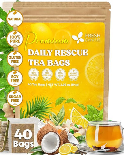 FreshDrinkUS, Premium 40 Tea Bags Daily Rescue Lemon Ginger Tea - 9 Superherbs – 100% Natural Ingredients, Tea Mix for Wellness Boost - Shelf-Stable, Caffeine-Free, Sugar-Free, Vegan