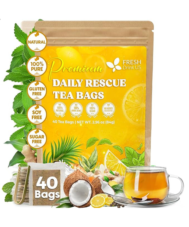 FreshDrinkUS, Premium 40 Tea Bags Daily Rescue Lemon Ginger Tea - 9 Superherbs – 100% Natural Ingredients, Tea Mix for Wellness Boost - Shelf-Stable, Caffeine-Free, Sugar-Free, Vegan