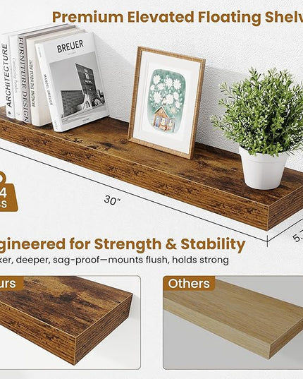 Fun Memories Floating Shelves 30 Inch, Wall Mounted Wood Shelf Set of 2, Farmhouse Decor for Bathroom, Bedroom, Kitchen, Living Room, Rustic Brown