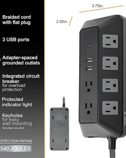 GE UltraPro 10 Grounded Outlet Surge Protector with USB Ports, 1 USB-C Port (15W), 2 USB-A Ports (12W), 4ft Braided Cord Surge Protector Power Strip, 3540 Joules, Black, 74763