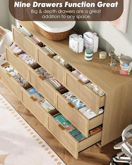 Garvee Rattan Dresser with 9 Drawers, Tall Modern Closet with Deep Storage, Large Chest of Drawers with Wide Top, Long Wooden Dresser for Bedroom, Living Room, Hallway, Kids Room, Natural