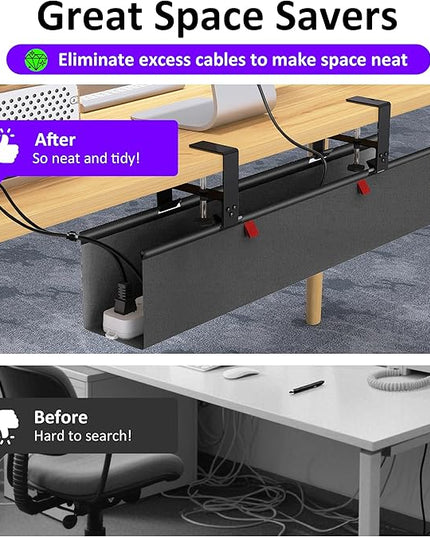 Under Desk Cable Management Tray - Under Desk Cord Management - Clamp/Screw Mount - Fabric Wire Management - Cable Raceways Tray Cord Hiders for Office/Home (Black, 28.6"×5.6")