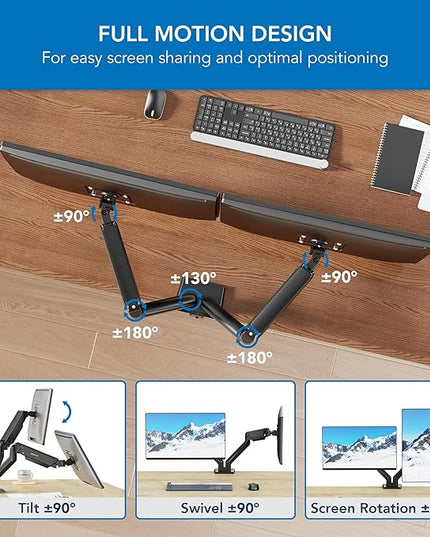 Mount-It! Full Motion Dual Monitor Mount with Spring Arms, 17" to 32", Full Motion Monitor Arm with Tilt, Rotation, Swivel, Height Adjustment, Clamp or Grommet, Fits VESA 75x75 and 100x100 - Black