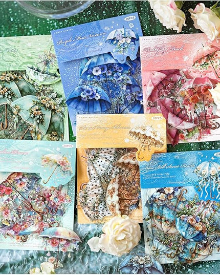 Dwpetzo 120Pcs Aesthetic Scrapbook Stickers for Scrapbooking, 6 Assorted Set Watercolor Umbrella Floral Decorative PET Stickers for Journaling, Junk Journal Supplies, Bujo, Collage, Craft Arts