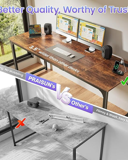 PRAISUN 70 X 24 Inch Office Computer Desk with Power Outlets and USB-C Port, Larger and Longer Gaming Desk, for Home Office, Study, Writing Work from Home Table, Metal Frame, Rustic Brown