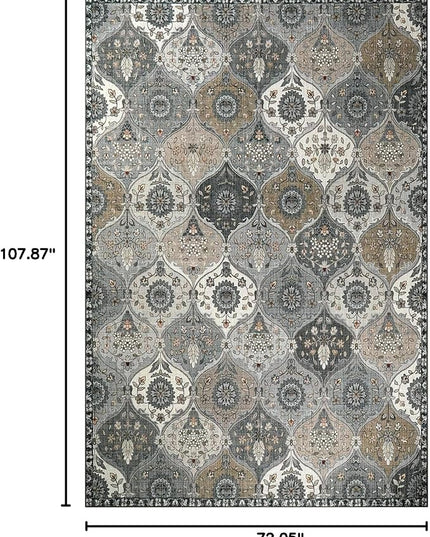 Lahome Moroccan Washable Area Rug 6x9, Ultra-Thin Large Living Room Rugs for Bedroom, Oriental Trellis Distressed Non Shedding Throw Carpet for Dining Room Office, Grey