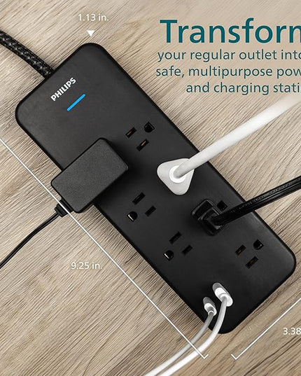 Philips 7-Outlet Adapter Spaced Surge Protector, 4ft Braided Cord, Power Strip with USB Charging, for Home School and Office, 1USB-A, 1USB-C, 1500J, Black, SPP9643B/37